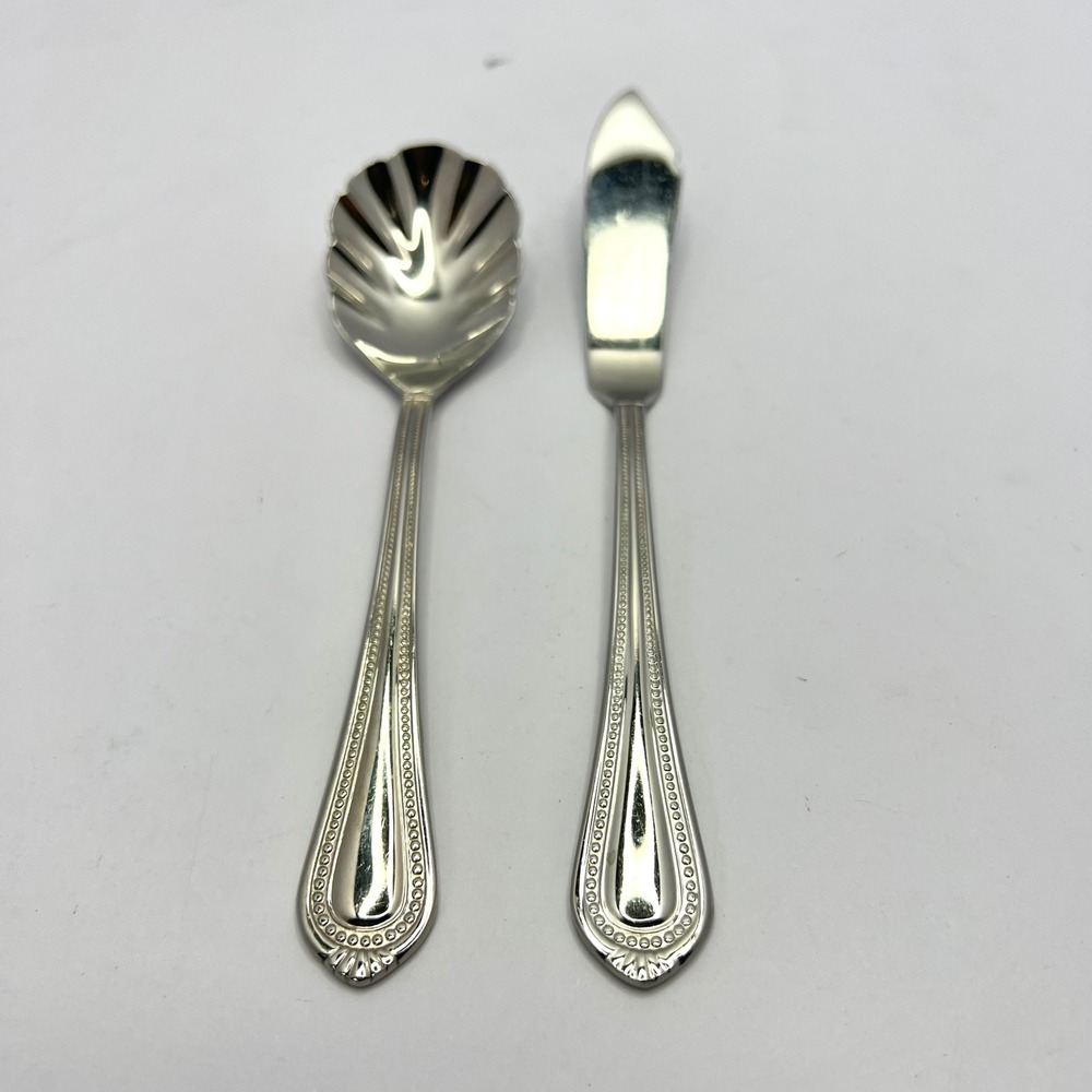 Wallace Silver Chatham Bead Sugar Shell Spoon and Butter Spreader Set Stainless